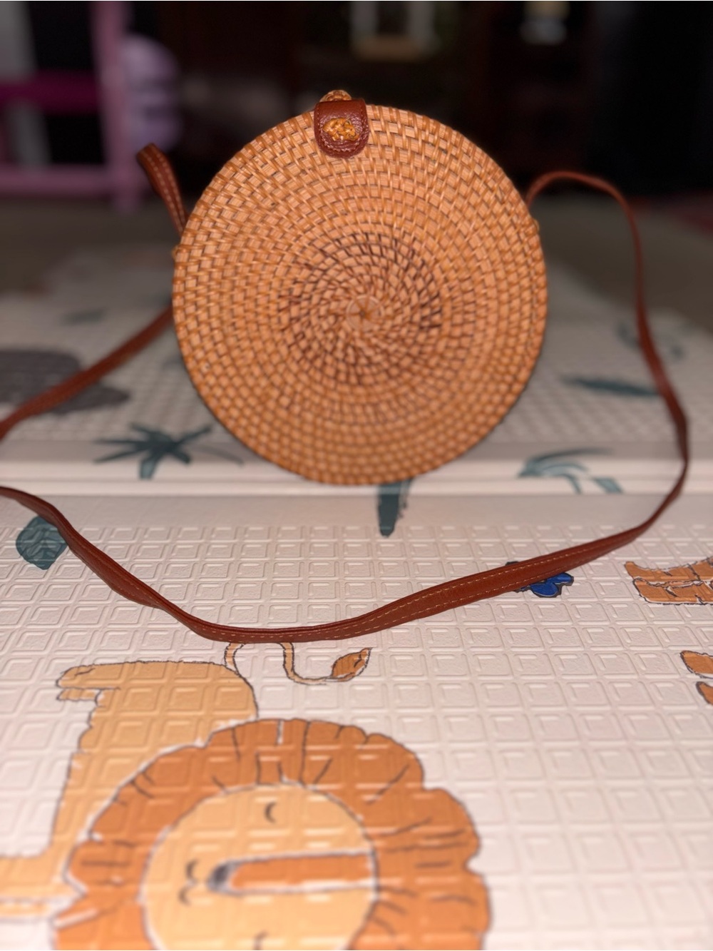 Round Woven Rattan Crossbody Bag - Brown - Picture 2 of 6
